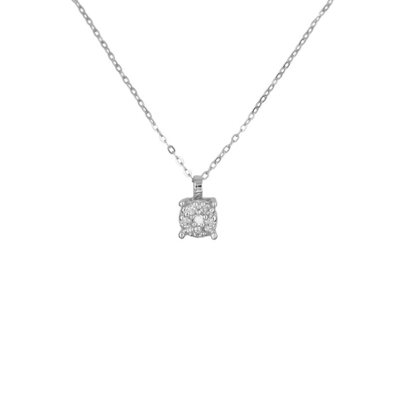 Collier - Pendentif Or Blanc Pavé Diamants - Chaine Argentée - Femme