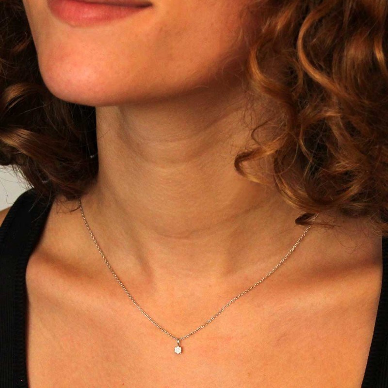 Collier - Pendentif Or Blanc Pavé Diamants - Chaine Argentée - Femme - vue 2