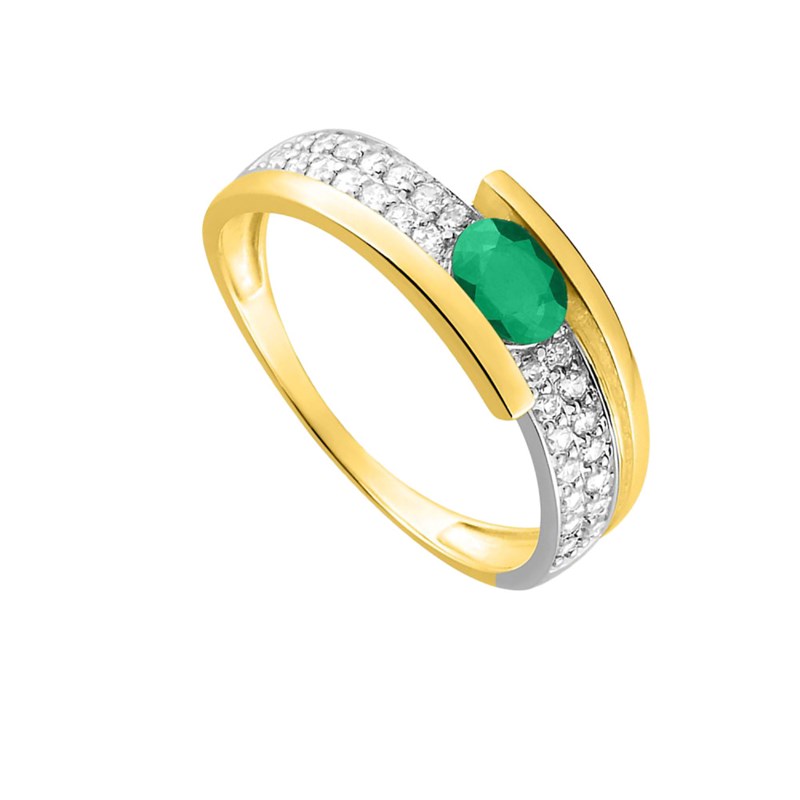 Bague femme - Emeraude et Oxyde de zirconium - Or 18 Carats - vue 2