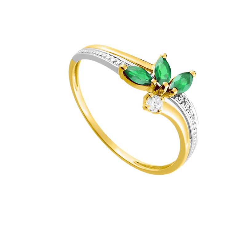 Bague femme - Emeraude et Oxyde de zirconium - Or 18 Carats - vue 2