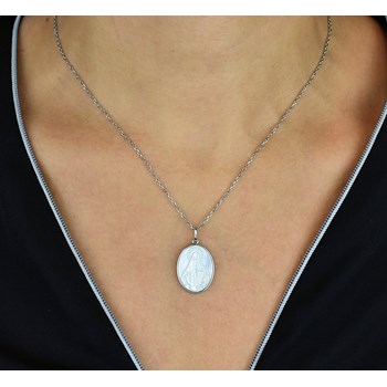 Collier Vierge Marie médaille ovale de nacre Argent 925 Rhodié