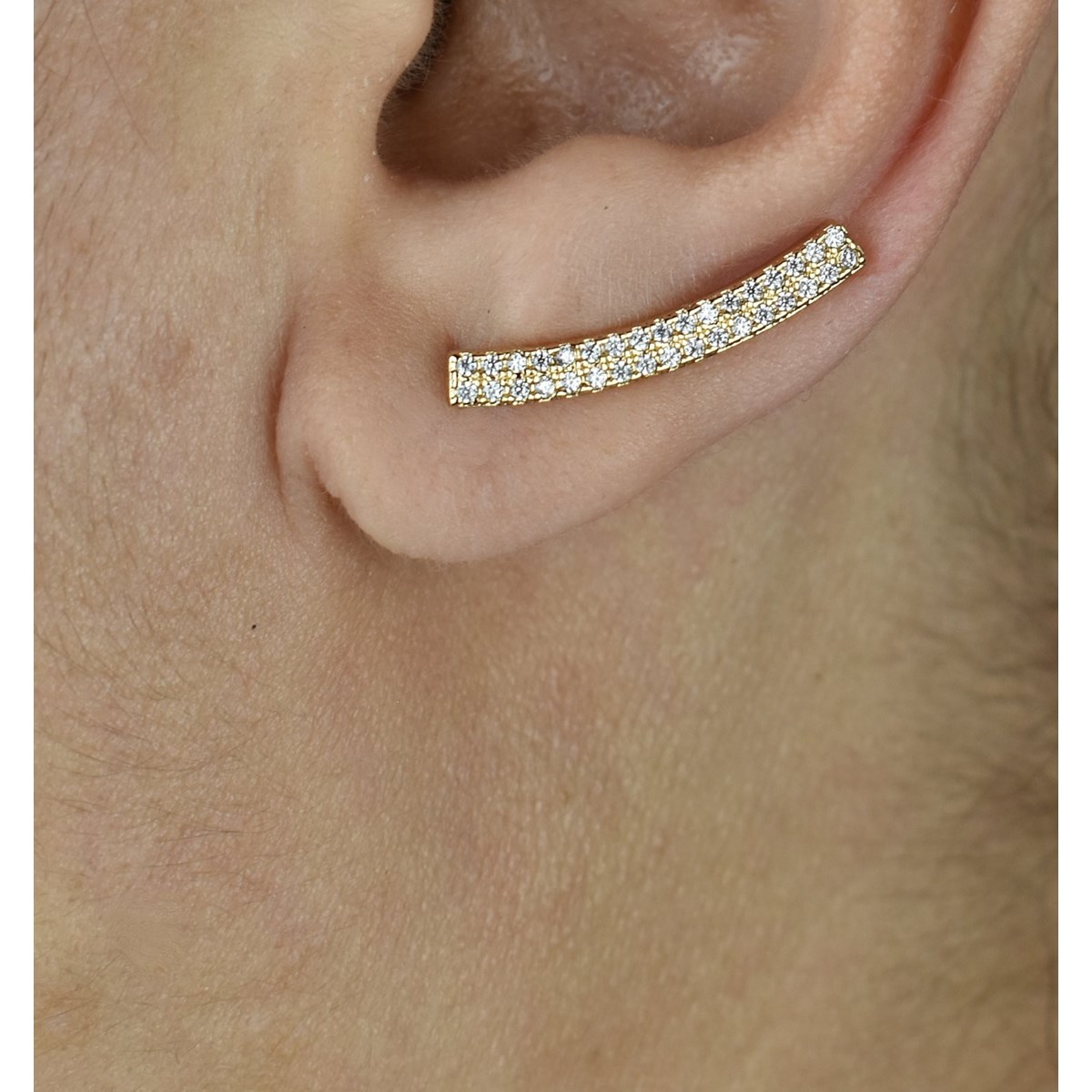 Boucles d'oreilles grimpantes barre 2 rangs contour de lobe serti d'oxydes de zirconium Plaqué OR 750 3 microns - vue 2