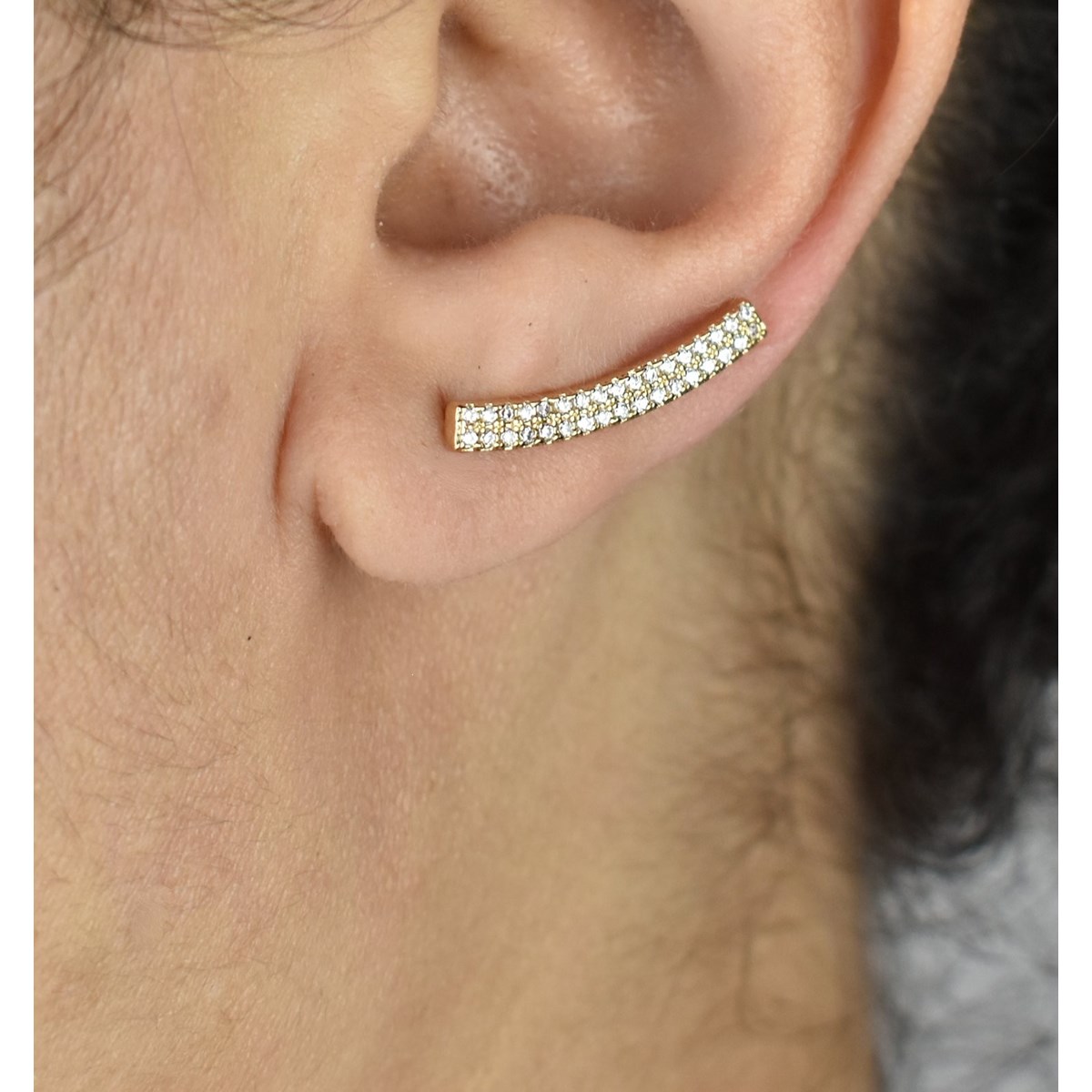 Boucles d'oreilles grimpantes barre 2 rangs contour de lobe serti d'oxydes de zirconium Plaqué OR 750 3 microns - vue 3