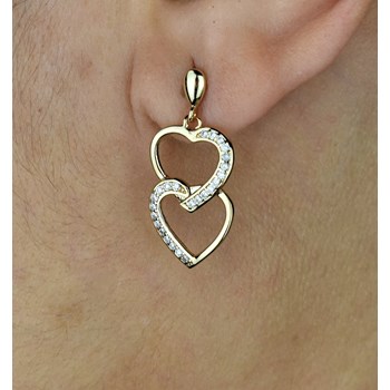 Earrings, 2 superimposed hearts set with 750 gold-plated 3-micron zirconium oxides
