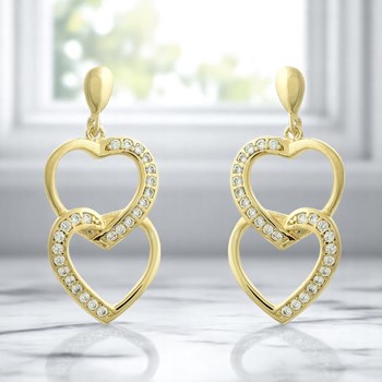 Earrings, 2 superimposed hearts set with 750 gold-plated 3-micron zirconium oxides