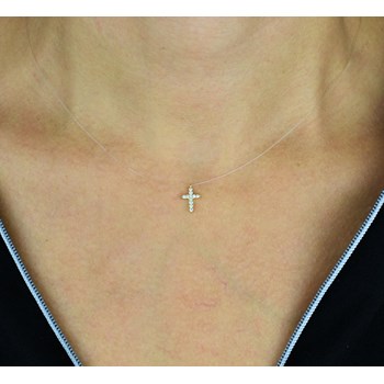 Collier croix d'oxydes de zirconium fil de nylon transparent Plaqué OR 750 3 microns