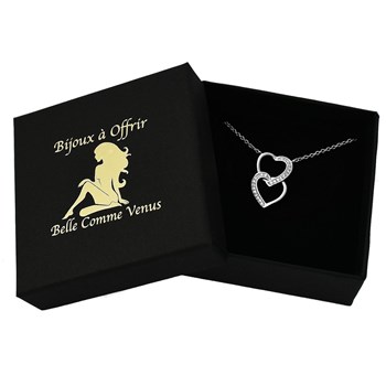 Collier 2 coeurs superposés sertis d'oxyde de zirconium Argent 925 Rhodié