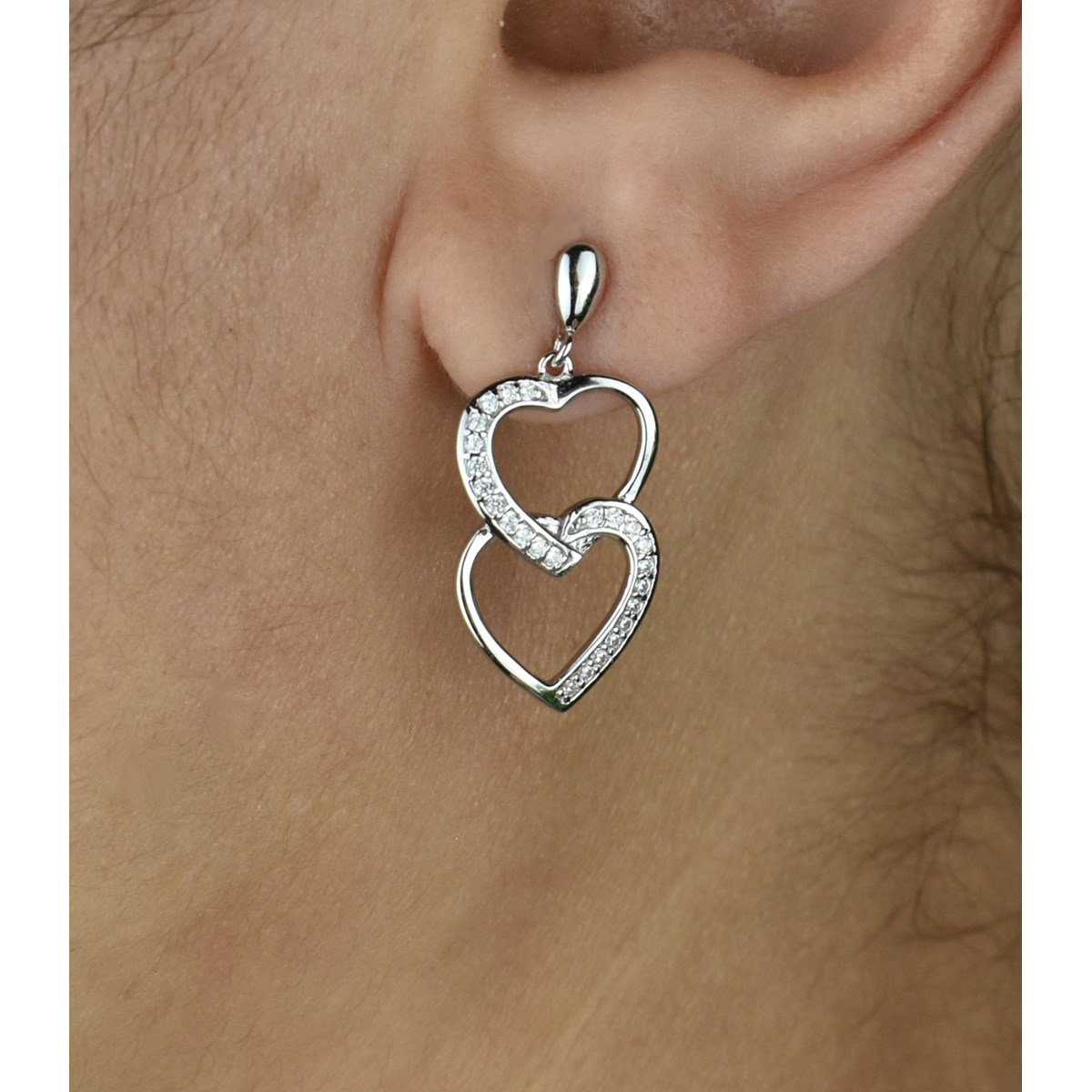 Boucles d'oreilles 2 coeurs superposés sertis d'oxydes de zirconium Argent 925 Rhodié - vue 3