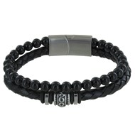 Bracelet Acier Homme Cuir Noir et Perles d'Onyx Noir - taille 19 cm