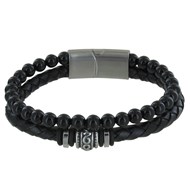 Bracelet Acier Homme Cuir Noir et Perles d'Onyx Noir - taille 21 cm