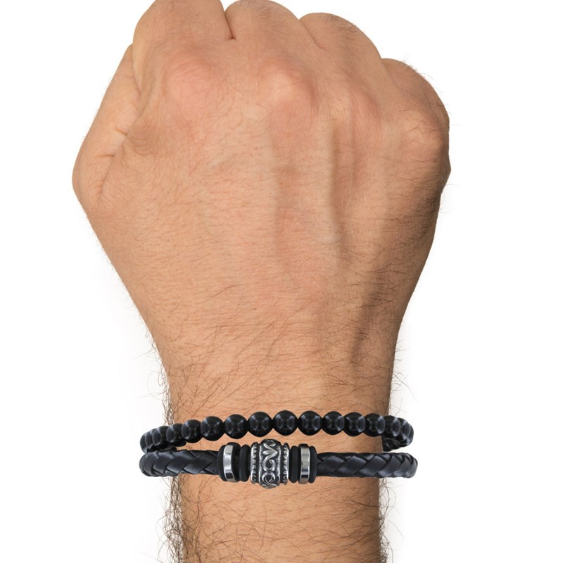 Bracelet Acier Homme Cuir Noir et Perles d'Onyx Noir - taille 19 cm - vue 2