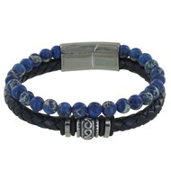 Bracelet Acier Homme Cuir Noir et Perles de Jaspe Bleu - taille 19 cm