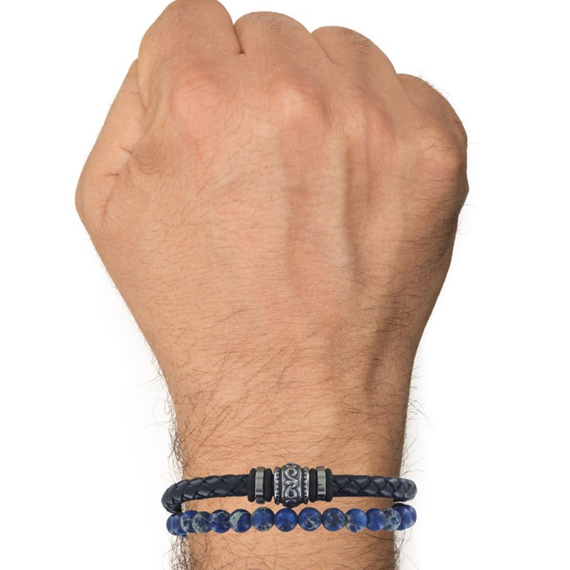 Bracelet Acier Homme Cuir Noir et Perles de Jaspe Bleu - taille 19 cm - vue 2