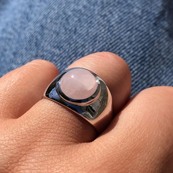 Bague Argent 925 Rhodié Large Demi Perle de Quartz Rose