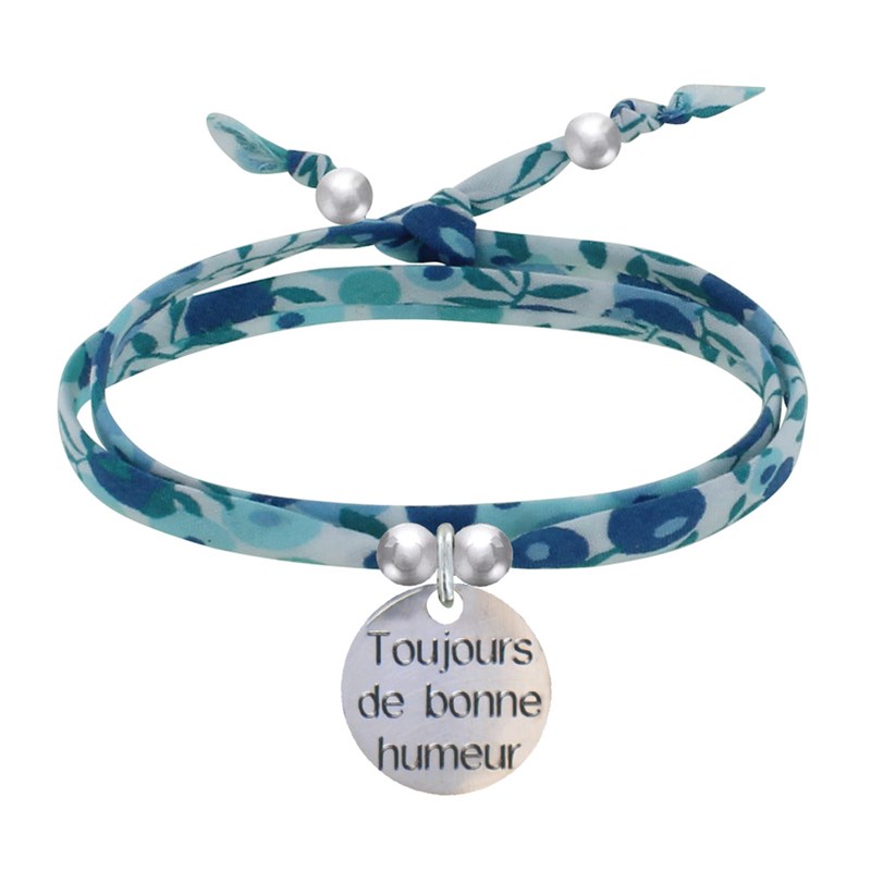 Bracelet Double Tour Lien Liberty et Médaille Toujours de Bonne Humeur Argent - Turquoise