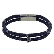 Bracelet Acier Homme Cuir Noir et Anneaux d'Onyx Noir - taille 19 cm
