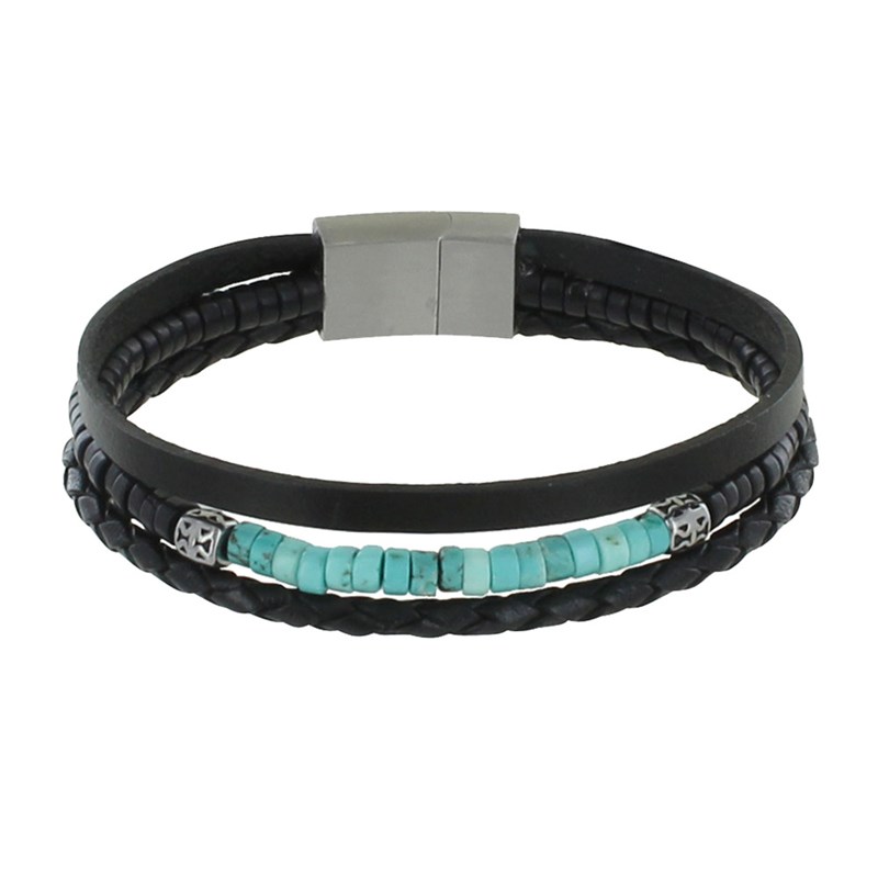 Bracelet Acier Homme Cuir Noir Trois Liens et Anneaux Howlite Turquoise - taille 18 cm