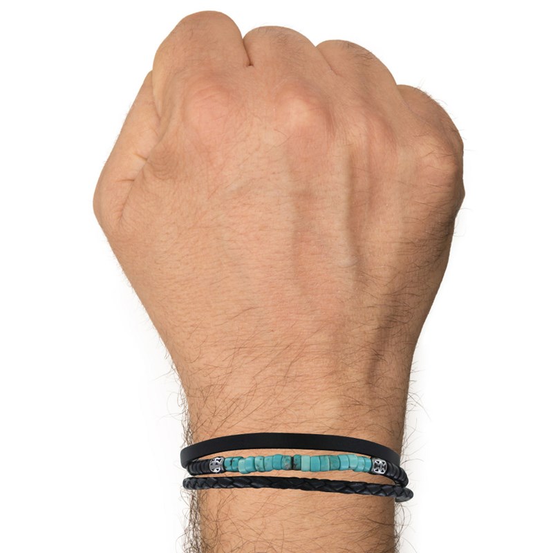 Bracelet Acier Homme Cuir Noir Trois Liens et Anneaux Howlite Turquoise - taille 18 cm - vue 2