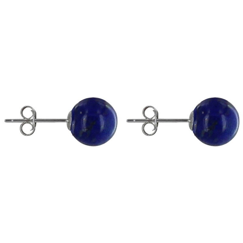 Boucles d'Oreilles Clou Argent et Perles de Lapis Lazuli 8 mm - vue 3