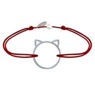 Bracelet Lien Médaille Argent 925 Tête de Chat Ajouré - Rouge