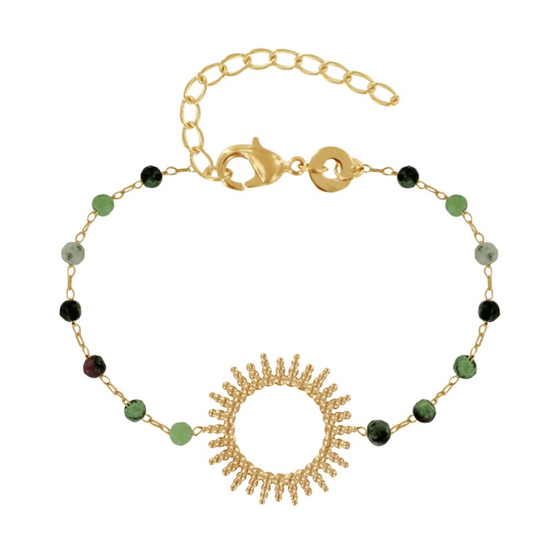 Bracelet Plaqué Or Soleil de Billes Ajouré et Perles Facettées Rubis Zoïsite