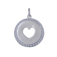 Pendentif Argent 925 Rhodié Médaille Ronde Coeur Ajouré et Strass