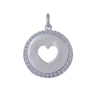 Pendentif Argent Rhodié Médaille Ronde Coeur Ajouré et Strass