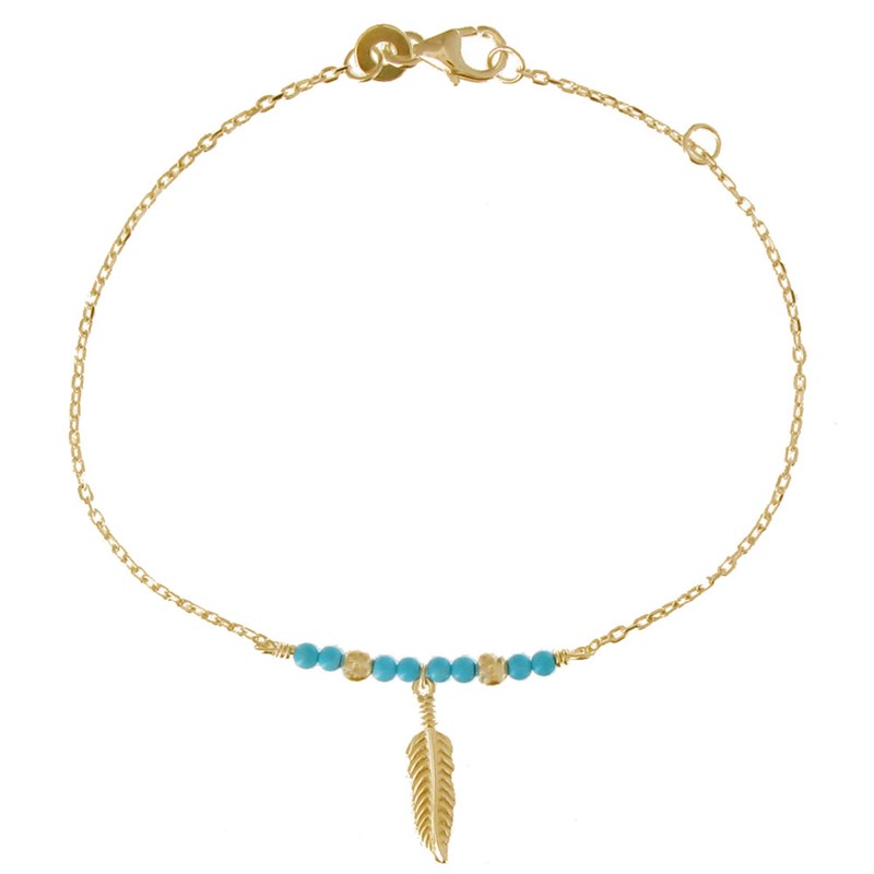 Bracelet Plaqué Or Plume et Perles Turquoise