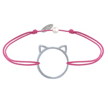 Bracelet Lien Médaille Argent 925 Tête de Chat Ajouré - Fuchsia