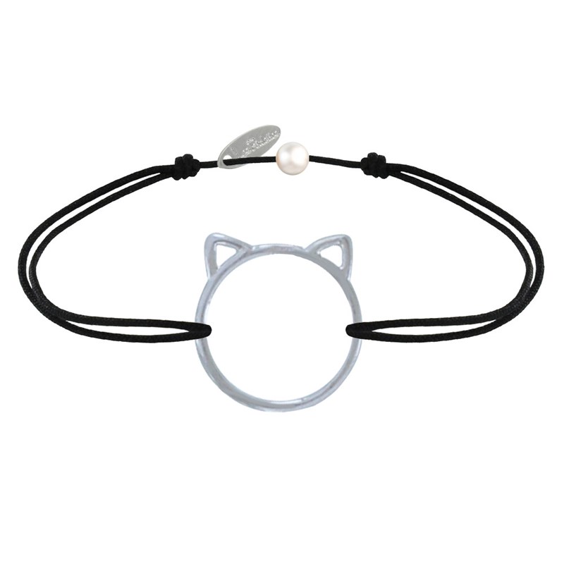 Bracelet Lien Médaille Argent 925 Tête de Chat Ajouré - Noir