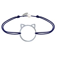 Bracelet Lien Médaille Argent 925 Tête de Chat Ajouré - Bleu Navy