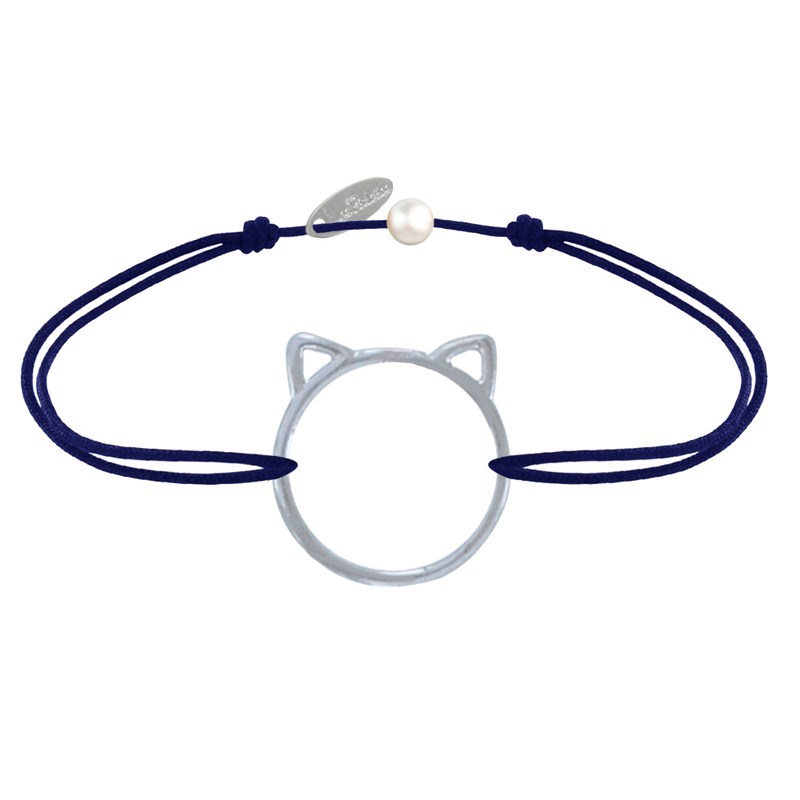 Bracelet Lien Médaille Argent Tête de Chat Ajouré - Bleu Navy