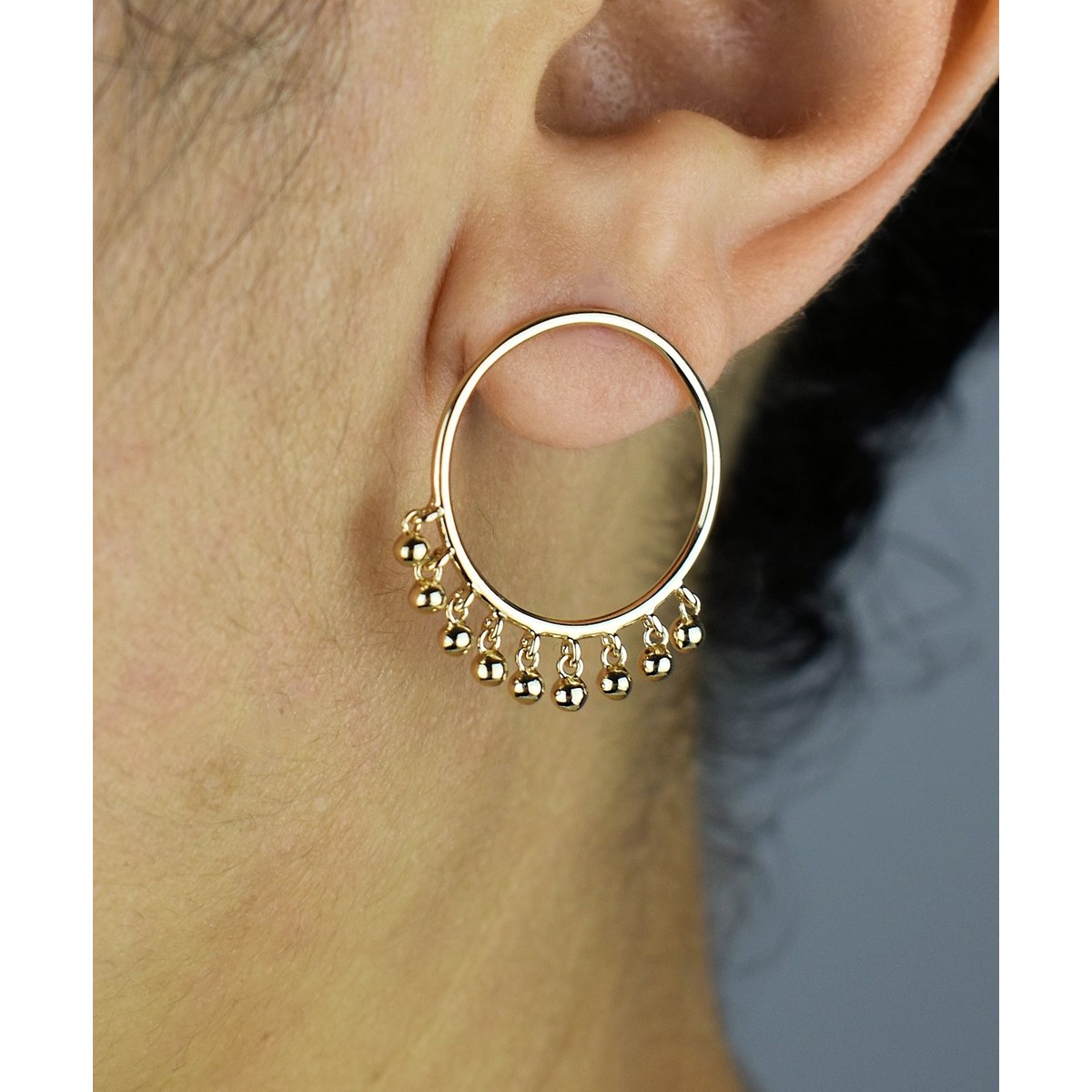 Boucles d'oreilles cercle pampilles pendantes boules Plaqué OR 750 3 microns - vue 3
