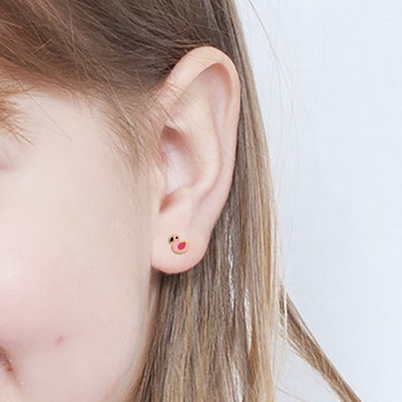 Boucles d'oreilles enfant - Or 18 Carats - Flamant rose - vue 3