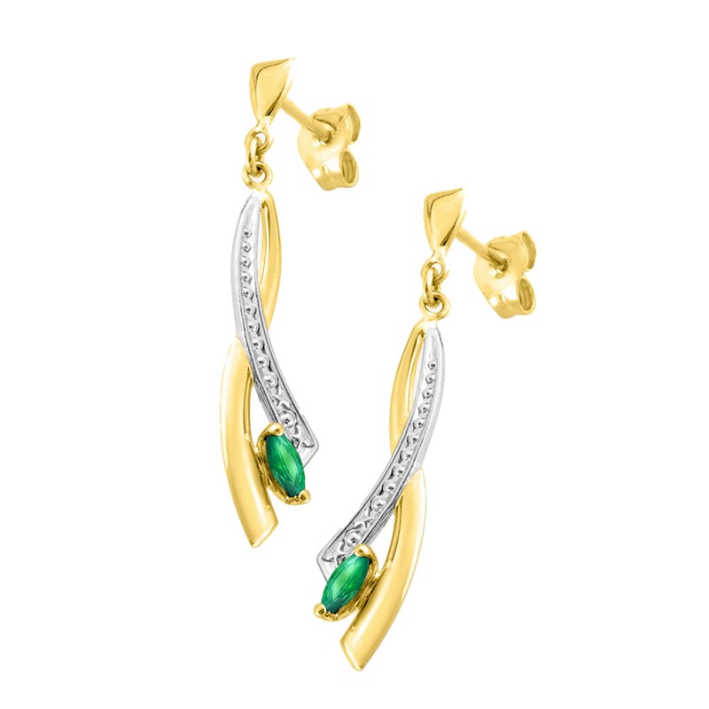 Boucles d'oreilles femme pendantes bicolores - Or 18 Carats - Emeraude - vue 2