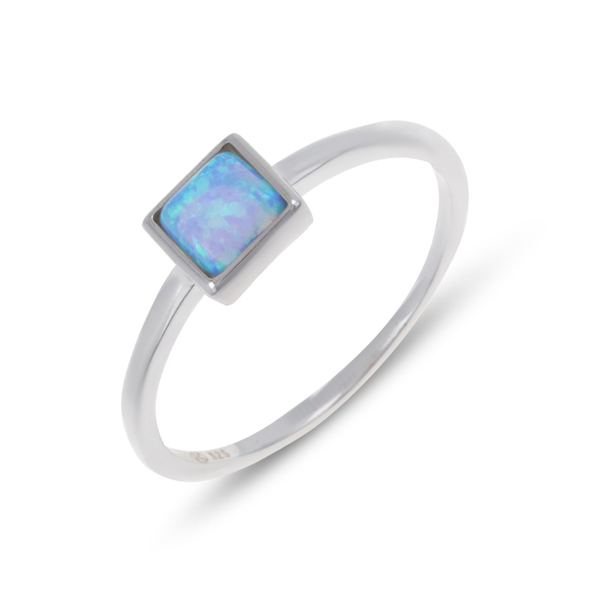 Bague argent rhodié opale bleue imitation forme carrée 5MM