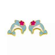 Boucles d'oreilles petit dauphin fleur rose
or jaune 18 carats