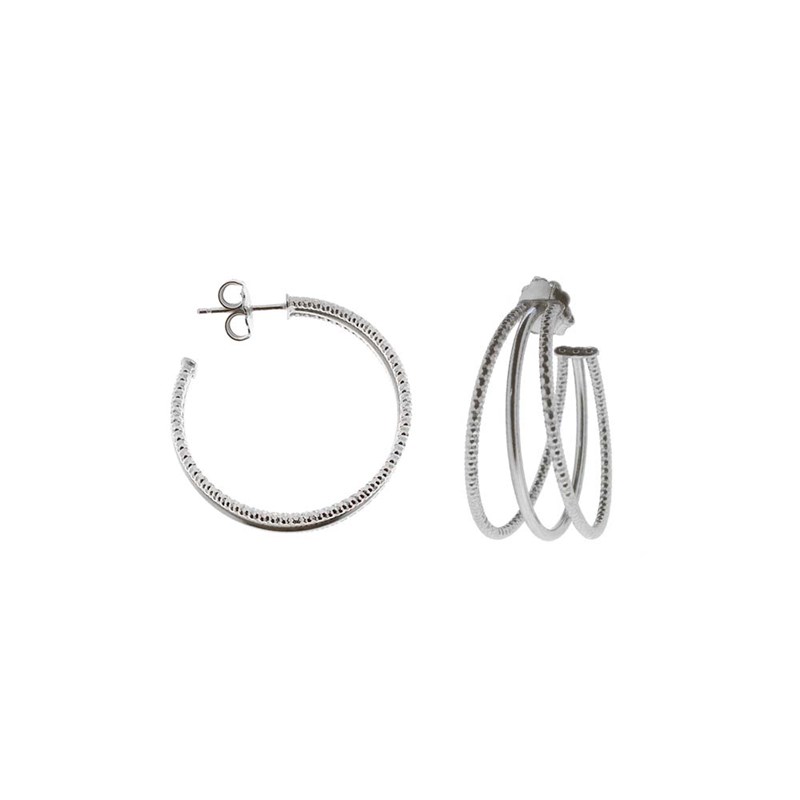 Boucles d oreilles créoles deux anneaux petit modèle argent rhodié diamantée et lisse
