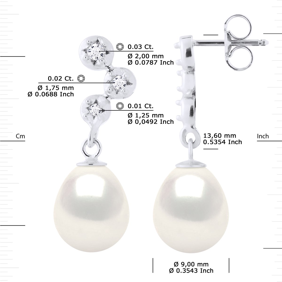 STELLA - Boucles d'Oreilles Perles 9-10 mm & Diamant Or Blanc - vue 3