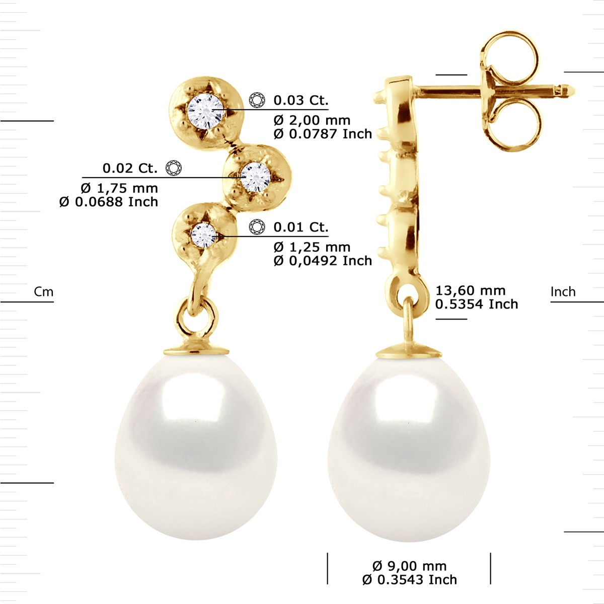 STELLA - Boucles d'Oreilles Perles 9-10 mm & Diamant Or Jaune - vue 3