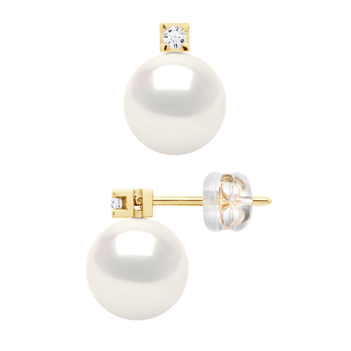 STELLA - Boucles d'Oreilles Perles  8-9 mm & Diamant Or Jaune