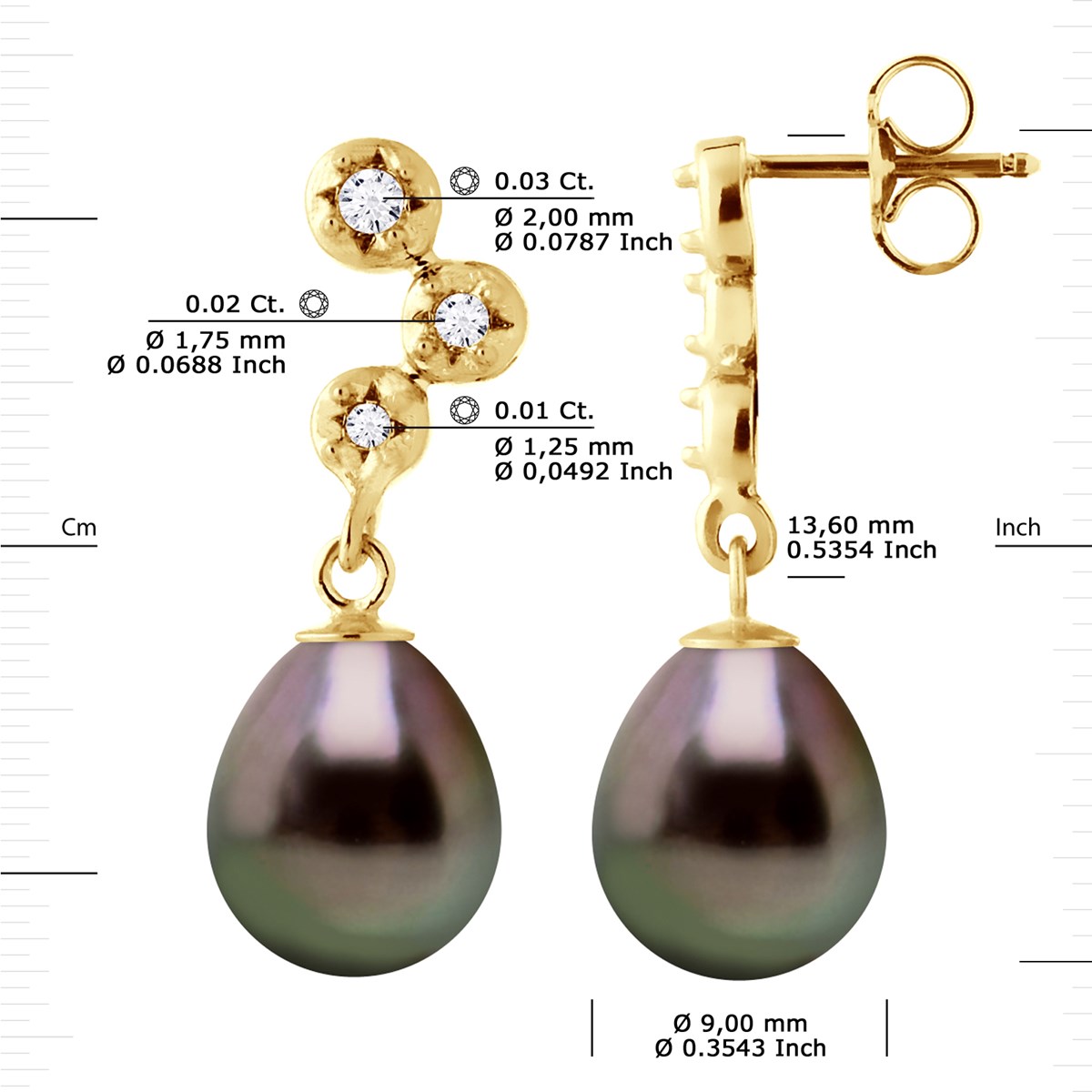 STELLA - Boucles d'Oreilles Perles de Tahiti 9-10 mm & Diamant - Or Jaune - vue 3