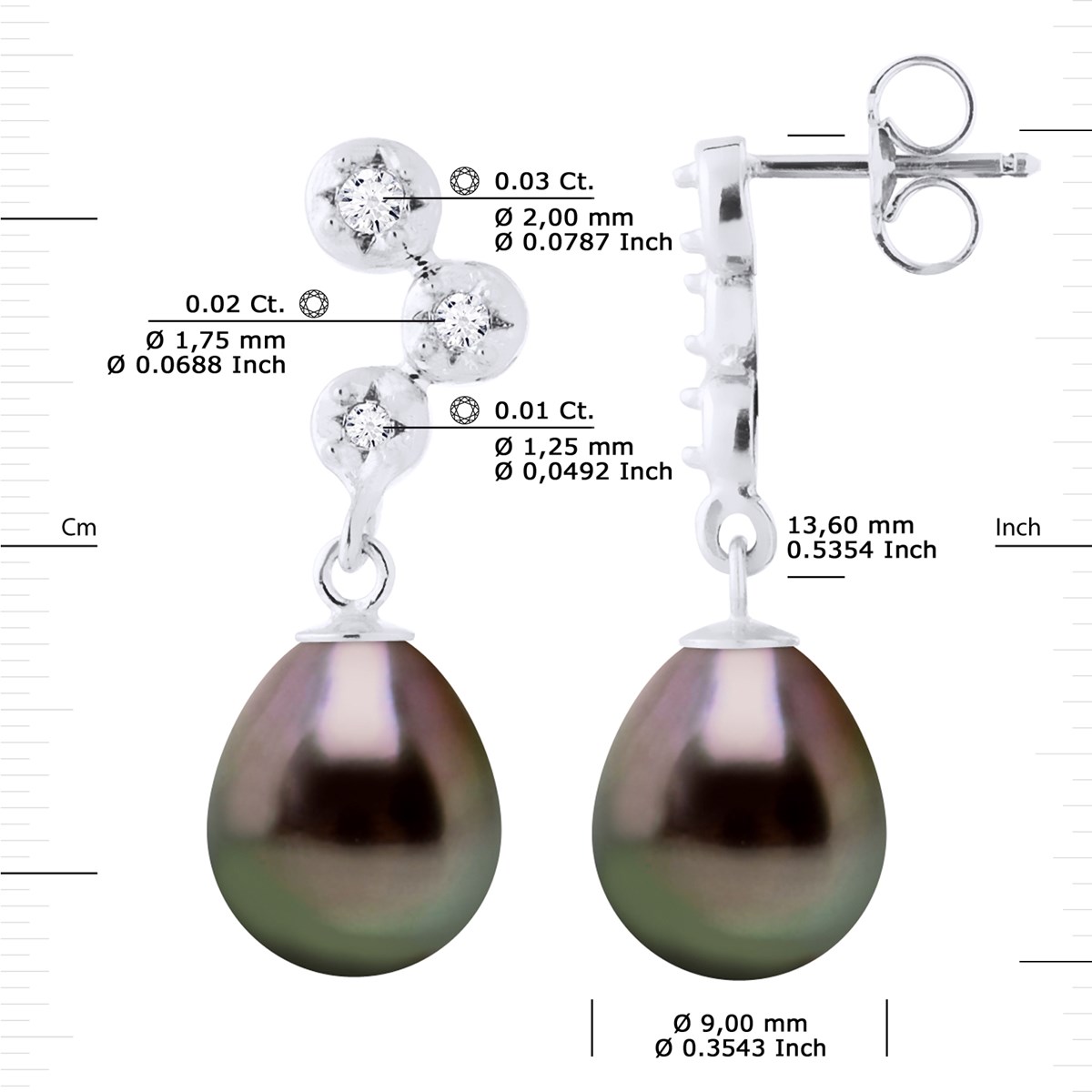 STELLA - Boucles d'Oreilles Perles de Tahiti 9-10 mm & Diamant - Or Blanc - vue 3