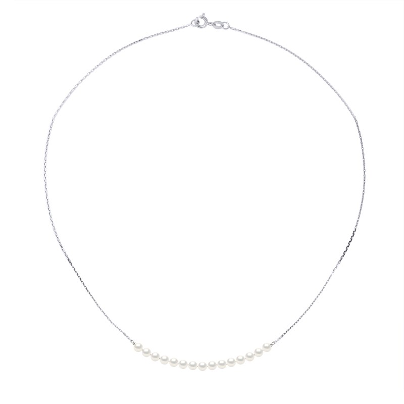 Collier Gourmette - 15 Véritables Perles de Culture d'Eau Douce Rondes 3-4 mm - Blanc Naturel - Or Blanc