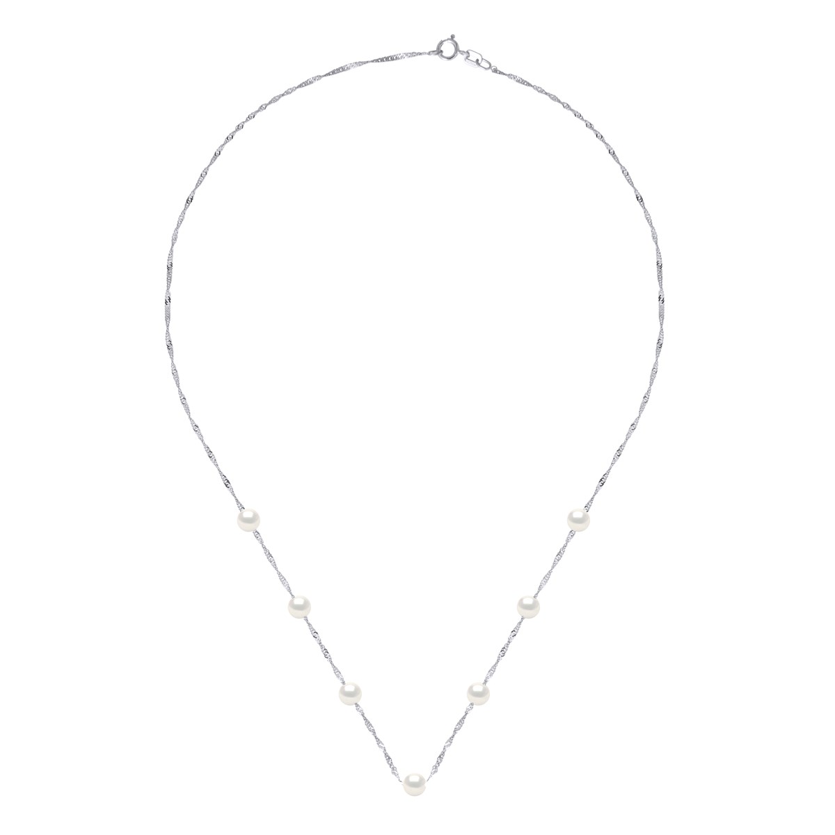 Collier - 7 Véritables Perles de Culture d'Eau Douce Rondes 5-6mm - Blanc Naturel - Or Blanc 750 Millièmes