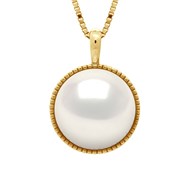Collier Bélière Entourage Diamanté - Véritable Perle de Culture d'Eau Douce Bouton 10-11 mm - Blanc Naturel - Or Jaune