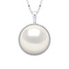 Collier Bélière Entourage Diamanté - Véritable Perle de Culture d'Eau Douce Bouton 10-11 mm - Blanc Naturel - Or Blanc - vue V1