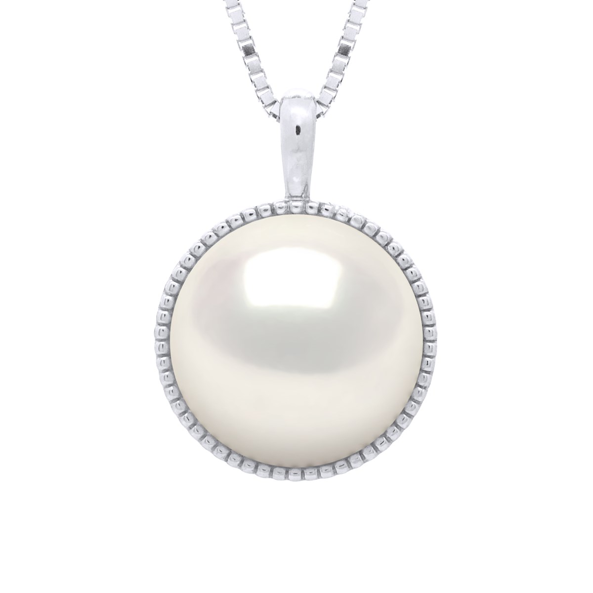 Collier Bélière Entourage Diamanté - Véritable Perle de Culture d'Eau Douce Bouton 10-11 mm - Blanc Naturel - Or Blanc