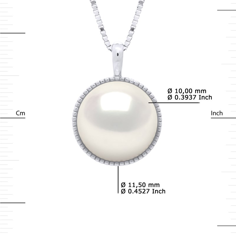 Collier Bélière Entourage Diamanté - Véritable Perle de Culture d'Eau Douce Bouton 10-11 mm - Blanc Naturel - Or Blanc - vue 3