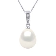 Pendentif Joaillerie Diamants 0,01 Cts - Véritable Perle de Culture d'Eau Douce Poire 9-10 mm - Blanc Naturel - Or Blanc